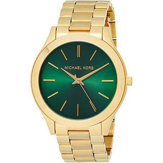 Front view of Michael Kors Slim Runway MK3435 Green Dial Gold Stainless Steel Womens Watch on white background