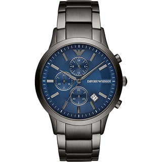 Front view of Emporio Armani Renato Chronograph AR11215 Blue Dial Silver Stainless Steel Mens Watch on white background