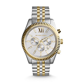 Front view of Michael Kors Lexington MK8344 Silver Dial Two Tone Stainless Steel Mens Watch on white background