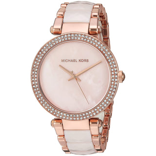 Front view of Michael Kors Parker M MK6402 Rose Gold Stainless Steel Womens Watch on white background