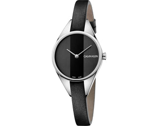 Front view of Calvin Klein Rebel K8P231C1 Black Leather Womens Watch on white background