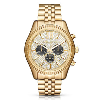 Front view of Michael Kors Lexington MK8494 Gold Stainless Steel Mens Watch on white background