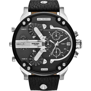 Front view of Diesel Mr Daddy Chronograph DZ7313 Black Leather Mens Watch on white background