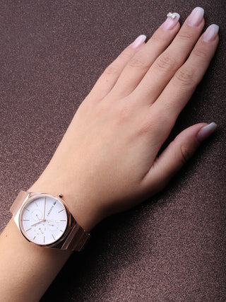 Angle shot of Lacoste 2001036 White Dial Rose Gold Stainless Steel Womens Watch on white background