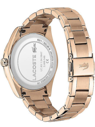 Angle shot of Lacoste 2001160 Silver Dial Rose Gold Stainless Steel Womens Watch on white background