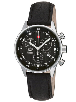 Front view of Swiss Military By Chrono Chronograph SM34005.03 Black Leather Womens Watch on white background