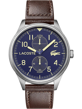 Front view of Lacoste 2011040 Blue Dial Brown Leather Unisex Watch on white background