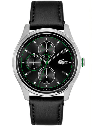 Front view of Lacoste 2011209 Black Leather Unisex Watch on white background