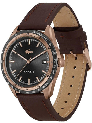 Angle shot of Lacoste 2011293 Black Dial Brown Leather Unisex Watch on white background