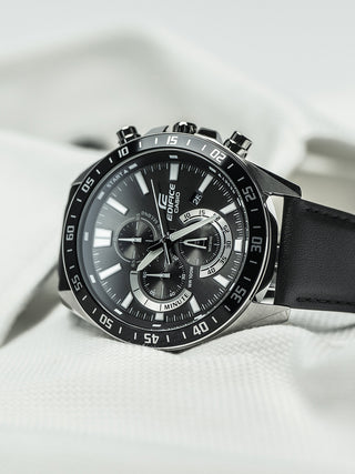 Angle shot of Casio Edifice Chronograph EFV-620L-1AVUEF Black Leather Mens Watch on white background