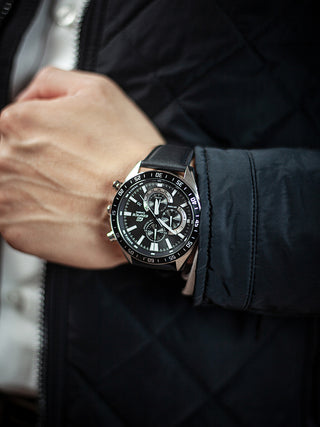 Angle shot of Casio Edifice Chronograph EFV-620L-1AVUEF Black Leather Mens Watch on white background