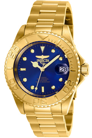 Front view of Invicta Pro Diver INV26997 Blue Dial Gold Stainless Steel Mens Watch on white background