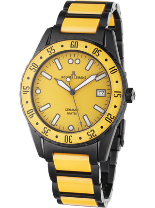 Angle shot of Jacques Lemans 42-10I Yellow Dial Black Strap Unisex Watch on white background