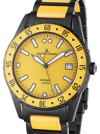 Front view of Jacques Lemans 42-10I Yellow Dial Black Strap Unisex Watch on white background