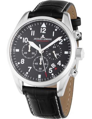 Angle shot of Jacques Lemans Chronograph 42-2A Black Leather Unisex Watch on white background