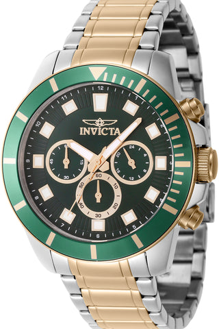 Front view of Invicta Pro Diver Chronograph INV46048 Green Dial Gold Stainless Steel Mens Watch on white background