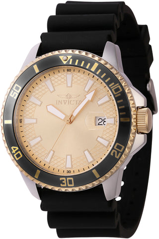 Front view of Invicta Pro Diver INV46135 Gold Dial Black Silicon Mens Watch on white background