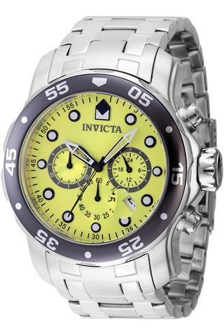 Front view of Invicta Pro Diver Chronograph INV47561 Yellow Dial Grey Stainless Steel Mens Watch on white background