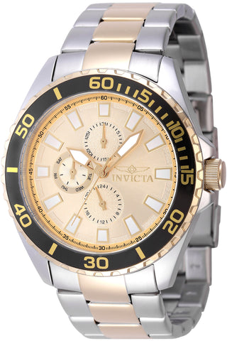 Front view of Invicta Pro Diver INV47579 Gold Dial Grey Stainless Steel Mens Watch on white background