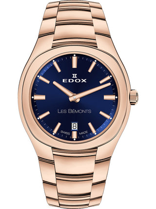 Front view of Edox 57004-37R Blue Dial Rose Gold Stainless Steel Womens Watch on white background