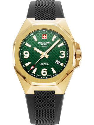 Angle shot of Swiss Alpine Military 7005.1814 Green Dial Black Silicone Unisex Watch on white background