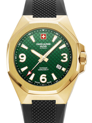 Front view of Swiss Alpine Military 7005.1814 Green Dial Black Silicone Unisex Watch on white background