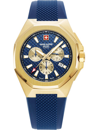 Angle shot of Swiss Alpine Military Chronograph 7005.9815 Blue Silicone Unisex Watch on white background