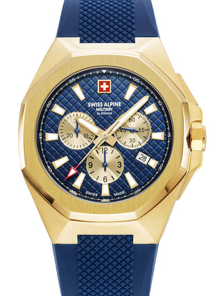 Front view of Swiss Alpine Military Chronograph 7005.9815 Blue Silicone Unisex Watch on white background