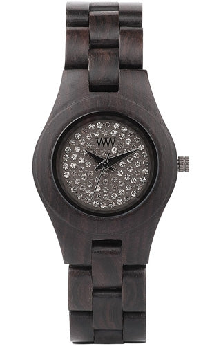 Front view of We Wood Watches Moon Crystal Black 70204300 Womens Watch on white background