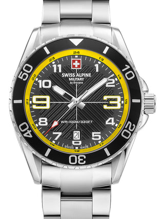 Front view of Swiss Alpine Military 7029.1138 Black Dial Silver Stainless Steel Unisex Watch on white background