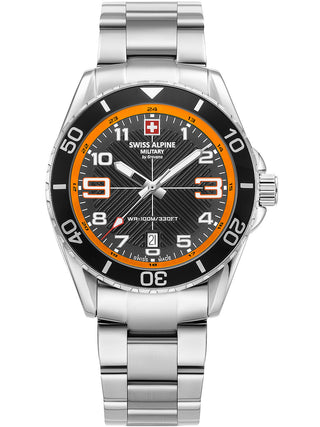 Angle shot of Swiss Alpine Military 7029.1139 Black Dial Silver Stainless Steel Unisex Watch on white background