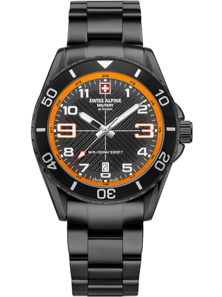 Angle shot of Swiss Alpine Military 7029.1179 Black Stainless Steel Unisex Watch on white background