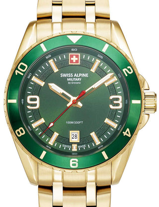 Front view of Swiss Alpine Military 7034.1114 Green Dial Gold Stainless Steel Unisex Watch on white background