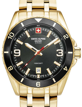 Front view of Swiss Alpine Military 7034.1117 Black Dial Gold Stainless Steel Unisex Watch on white background