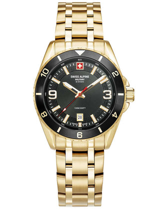 Angle shot of Swiss Alpine Military 7034.1117 Black Dial Gold Stainless Steel Unisex Watch on white background