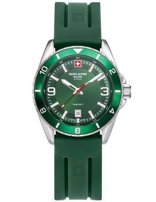 Angle shot of Swiss Alpine Military 7034.1834 Green Silicone Unisex Watch on white background