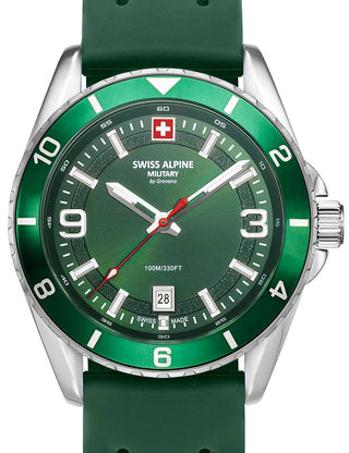 Front view of Swiss Alpine Military 7034.1834 Green Silicone Unisex Watch on white background