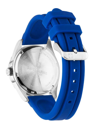 Angle shot of Swiss Alpine Military 7034.1835 Blue Silicone Unisex Watch on white background