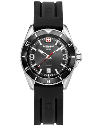 Angle shot of Swiss Alpine Military 7034.1837 Black Silicone Unisex Watch on white background