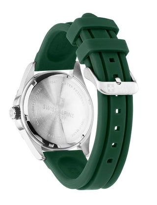 Angle shot of Swiss Alpine Military 7034.1838 Green Silicone Unisex Watch on white background