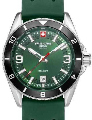 Front view of Swiss Alpine Military 7034.1838 Green Silicone Unisex Watch on white background