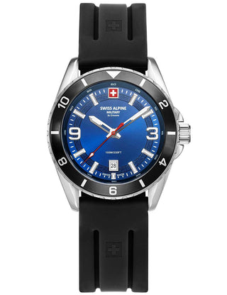 Angle shot of Swiss Alpine Military 7034.1839 Blue Dial Black Silicone Unisex Watch on white background