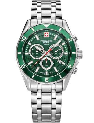 Front view of Swiss Alpine Military Chronograph 7034.9134 Green Dial Silver Stainless Steel Unisex Watch on white background