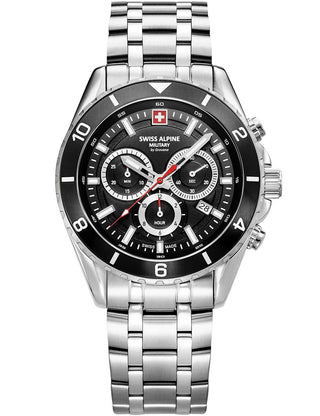 Front view of Swiss Alpine Military Chronograph 7034.9137 Black Dial Silver Stainless Steel Unisex Watch on white background