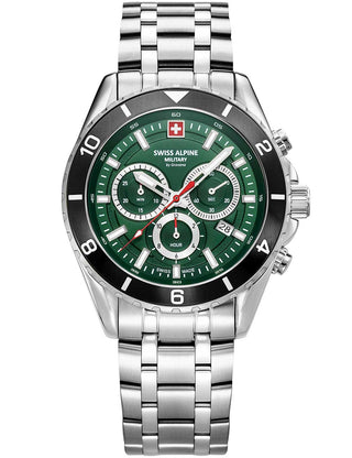 Front view of Swiss Alpine Military Chronograph 7034.9138 Green Dial Silver Stainless Steel Unisex Watch on white background