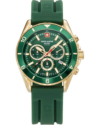 Front view of Swiss Alpine Military Chronograph 7034.9814 Green Silicone Unisex Watch on white background