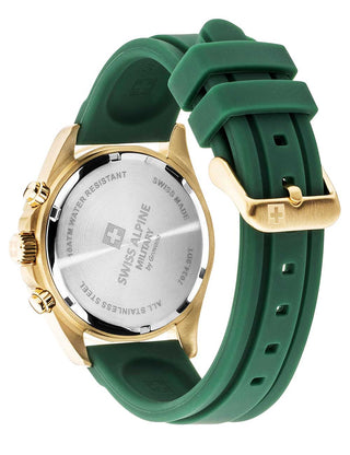 Angle shot of Swiss Alpine Military Chronograph 7034.9818 Green Silicone Unisex Watch on white background