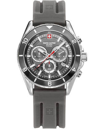 Front view of Swiss Alpine Military Chronograph 7034.9832 Grey Silicone Unisex Watch on white background