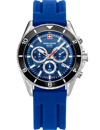 Front view of Swiss Alpine Military Chronograph 7034.9836 Blue Silicone Unisex Watch on white background