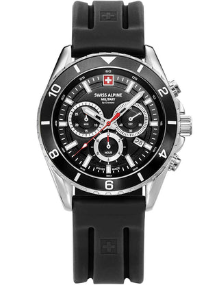 Front view of Swiss Alpine Military Chronograph 7034.9837 Black Silicone Unisex Watch on white background